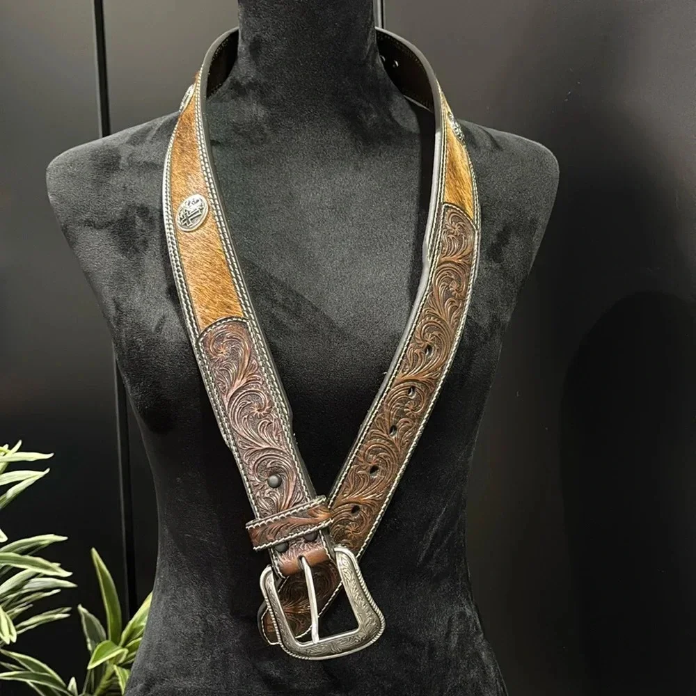 3D Belt Co.Genuine Leather,tooled,calf hair,cross concho,removable silver buckle